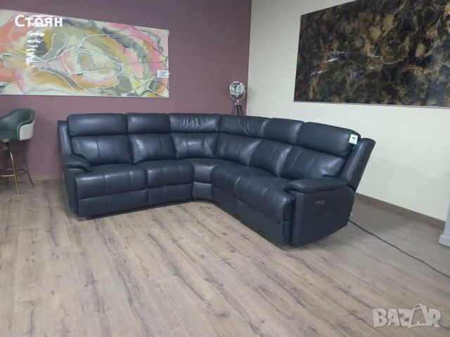 Черен кожен ъглов диван с електрически релаксиращ механизъм Gracy, снимка 3 - Дивани и мека мебел - 46475382