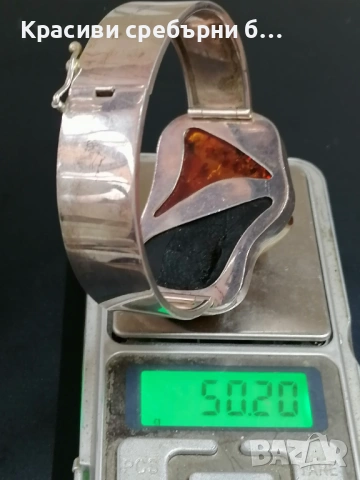  Твърда сребърна гривна с балтийски кехлибар. , снимка 10 - Гривни - 53323207