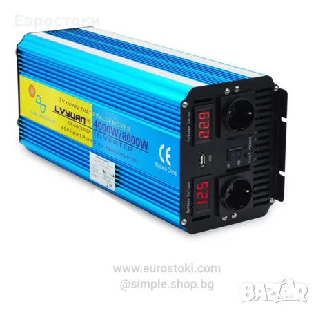 LVYUAN инвертор 4000 W / 8000 W с чиста синусоида, преобразувател на напрежение 12 V 230 V, 2 гнезда, снимка 1 - Аксесоари и консумативи - 47486618