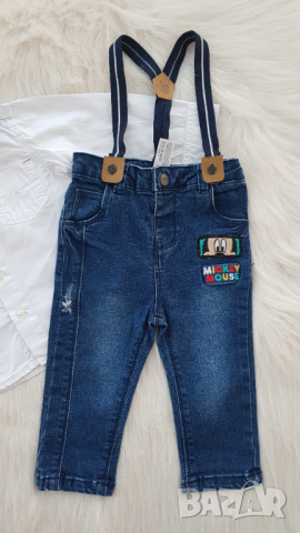 Детски дънки Мики Маус, риза и папионка 9-12 месеца, снимка 2 - Комплекти за бебе - 45034404
