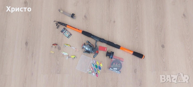 Оферта! Нов спининг к-т от телескопична въдица с макара влакно , клатушки, цикади и воблери.