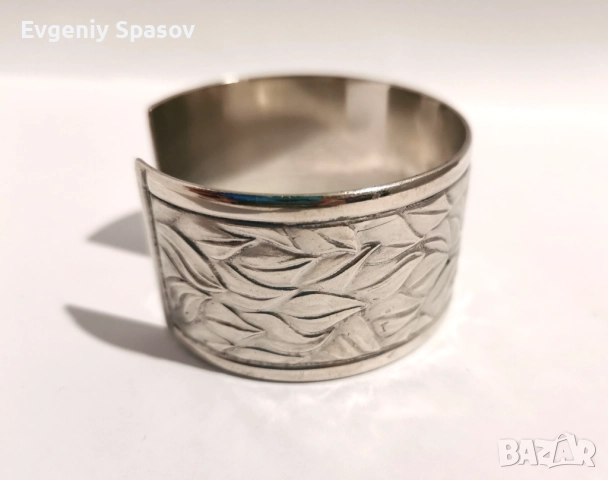 Старинна Сребърна Масивна Широка Отворена Гривна с Релеф Листа, снимка 6 - Гривни - 51544269