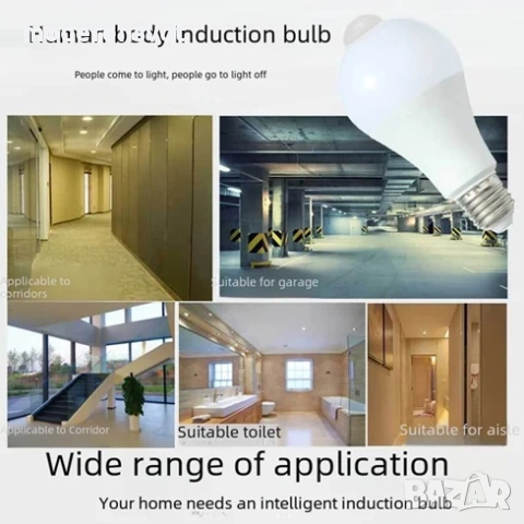 LED крушка със сензор за движение, 12W енергоспестяваща крушка, крушка със светлинен сензор, снимка 4 - Лед осветление - 54146694