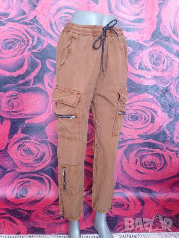 Кафяв дамски широк панталон с връзки и джобове Л, снимка 1 - Панталони - 46362645