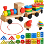Детско дървено влакче сортер за дърпане с два вагона с куки - КОД 3587, снимка 1 - Образователни игри - 45053673