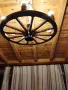 Полилеи, осветление от автентични реставрирани колела от каруца с ръчно изработени дървени чашки , снимка 14