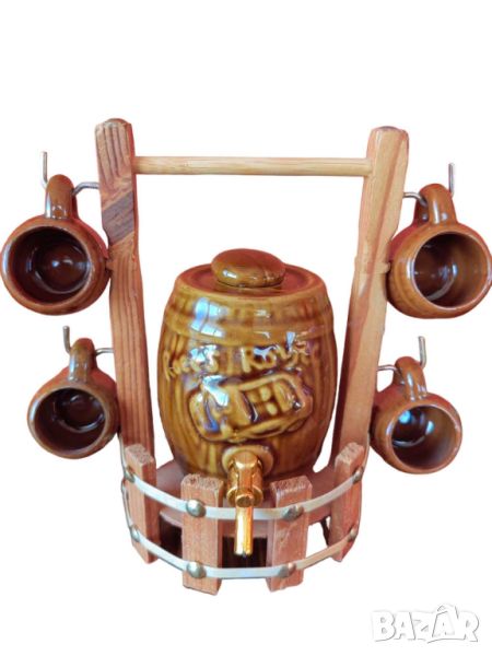 Сувенирно керамично буре с чашки на дървена стойка, 15.5х10 см, снимка 1