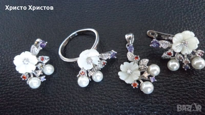 Сребърен възхитителен бутиков комплект седеф и перли, снимка 1