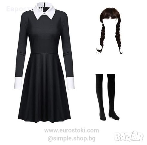 Детски карнавален костюм Wednesday Addams с перука, готическа черна рокля на Wednesday Addams, снимка 1