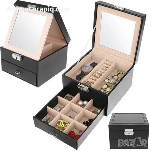 Елегантна черна кутия за бижута с огледало и ключ, снимка 1