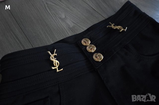 Жесток чер дамски панталон Yves Saint Laurent + златни брошки , снимка 2 - Панталони - 52926903