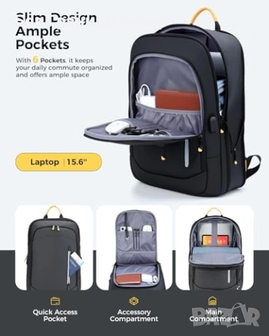 Нова Раница за компютър 15.6", 50% повече място, USB зареждане, черна, снимка 4 - Раници - 53520882