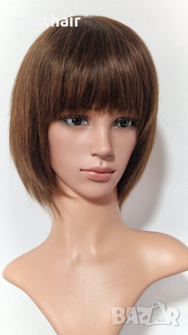 Естествена къса кафява перука с бретон, снимка 10 - Аксесоари за коса - 53148847