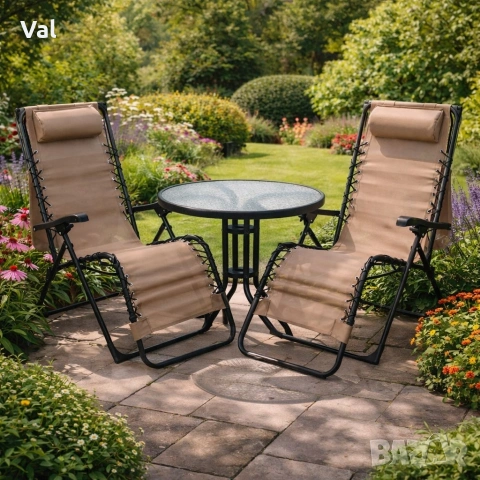 Комплект за релаксация на открито: 2 сгъваеми шезлонга с нулева гравитация CHAIR3 и стилна масичка, снимка 7 - Други - 53643333