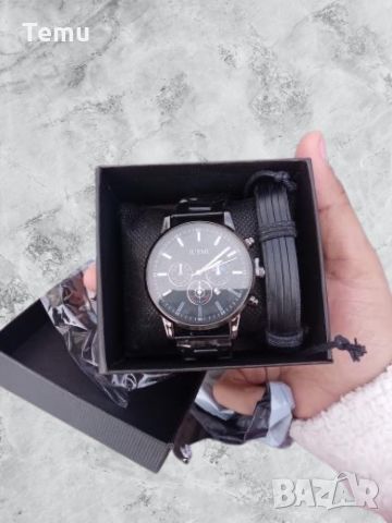 Мъжки елегантен водоустойчив часовник BASID / Цвят – черен със сребристи елементи; Подарък: гривна; , снимка 3 - Мъжки - 45796226