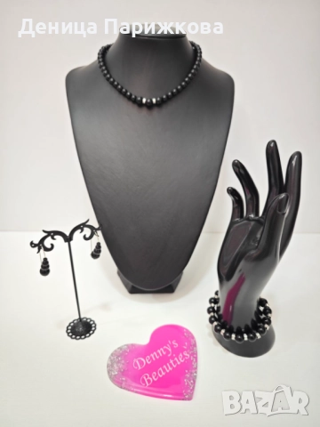 Ръчно изработен комплект бижута с черен оникс – гривна, колие и обеци , снимка 2 - Бижутерийни комплекти - 52775781