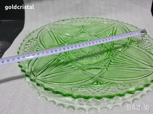 Стара стъклена чиния плато цветно зелено стъкло , снимка 2 - Антикварни и старинни предмети - 53309981