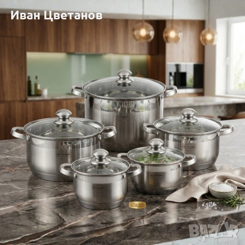 Комплект тенджери от неръждаема стомана , 10 части, Индукция, Многослойно дъно