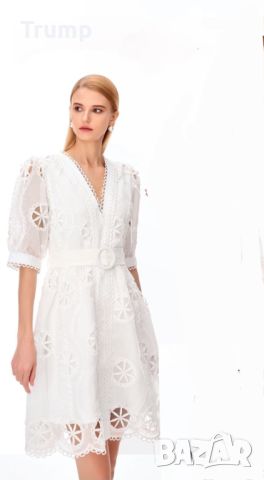 Красива елегантна рокля в нежно-бяло, бродерия
