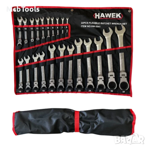 Комплект звездогаечни тресчотни ключове с чупещо рамо 22 части 6 – 32 мм Hawek, снимка 2 - Други инструменти - 50826442