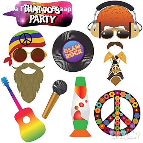 Нови 31 броя 70-те парти пропсове за снимки – диско/хипи фотокът аксесоари, снимка 2 - Други - 53912246