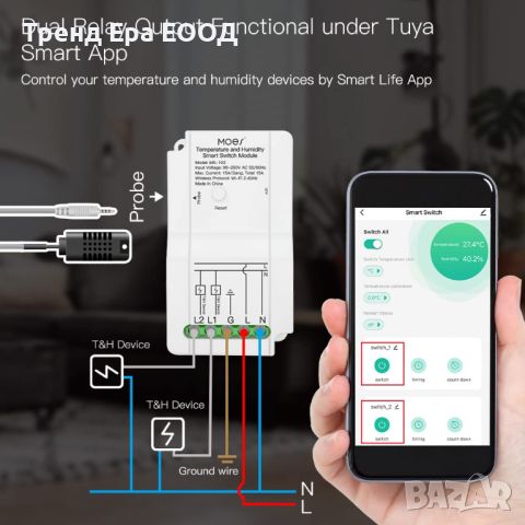 MOES WiFi реле със сензор за температура и влажност 16А, снимка 2 - Друга електроника - 46704314