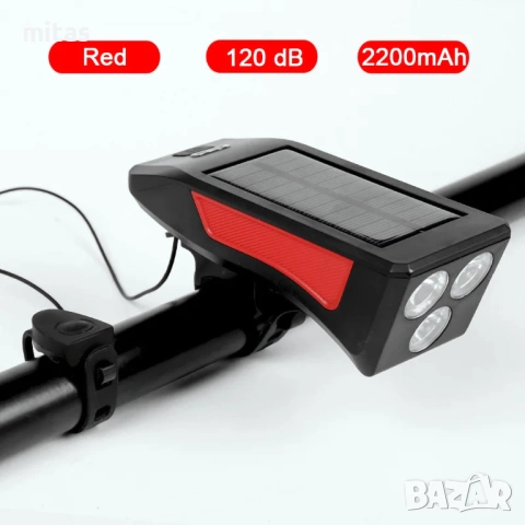 Соларна LED светлина за велосипед с клаксон - 350Lum, 120dB, 3 режима, снимка 4 - Аксесоари за велосипеди - 30315167