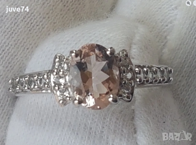 СРЕБЪРЕН ПРЪСТЕН С МОРГАНИТ (МОЗАМБИК) СЕРТИФИКАТ