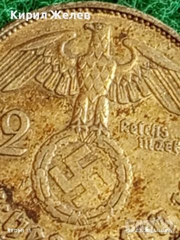 Сребърна монета 2 райхсмарки 1937г. Германия Трети Райх с Свастика за КОЛЕКЦИОНЕРИ 53443, снимка 3 - Нумизматика и бонистика - 53615156