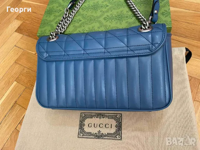 Gucci Малка Чанта Marmont Гучи Синя кожa Сребърно Лого Оригинална, снимка 4 - Чанти - 47003162