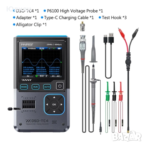 FNIRSI DSO‑TC4 осцилоскоп, тестер за транзистори и сигнал генератор