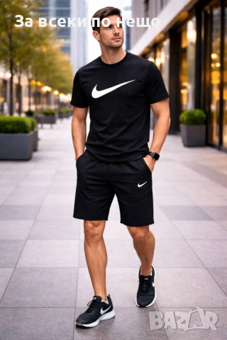 Nike Мъжки Черен Летен Екип Тениска И Къси Панталонки👕🩳Мъжки Къс Комплект Найк Код B437