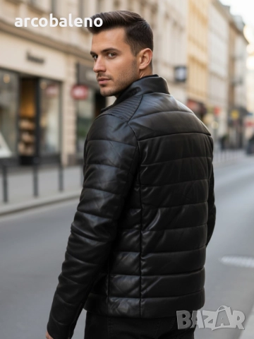 Мъжко черно зимно ватирано кожено яке, снимка 4 - Якета - 52923695