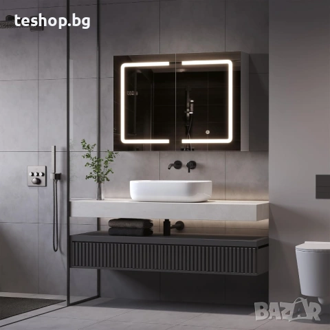 Шкаф за баня с огледало и осветление, 80 x 16 x 60 см, с LED и контакт DICTAC бял, снимка 8 - Шкафове - 53044359