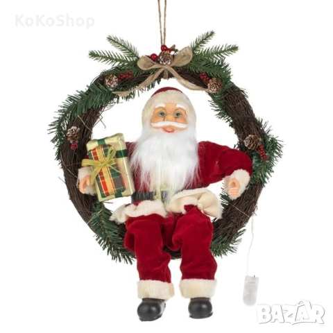 Светещ коледен венец с Дядо Коледа-45 см./коледен венец/Коледна украса/Коледна декорация, снимка 2 - Декорация за дома - 52100370