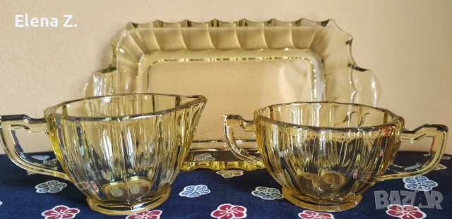 Винтидж сет кехлибарено жълто стъкло САЩ 30-те, снимка 3 - Антикварни и старинни предмети - 54076558