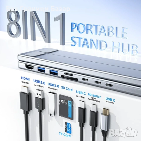 Нова Сгъваема USB-C стойка за лаптоп с 4K HDMI докинг станция 8 в 1, снимка 2 - Друга електроника - 53973411