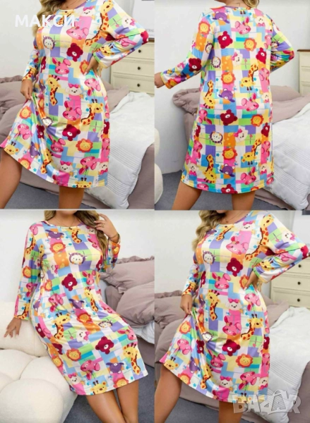 Макси чудесна дълга силно еластична мека нощница във весел ярък десен с многоцветни мечета, снимка 1