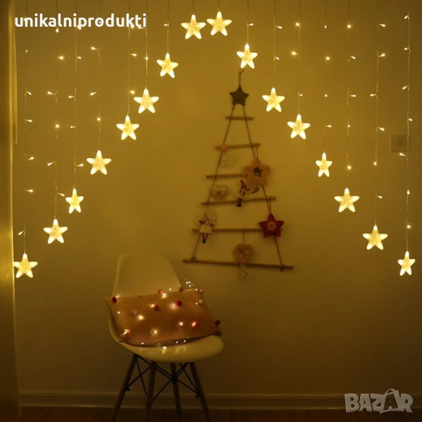 Коледни лампички ЛЕД ЗАВЕСА от асиметрични звездички в топла светлина, снимка 1