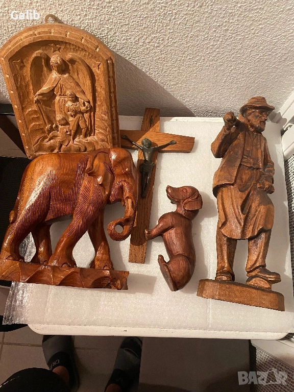 Дърворезба, ръчна изработка Слон, Куче, Ангел пазител, Кръст, Мъж с чук, снимка 1