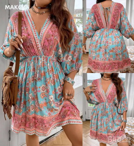 Макси модерна ефирна рокля/туника с V-образно деколте, ластична под гръдна и вързалка гръб в красив , снимка 1