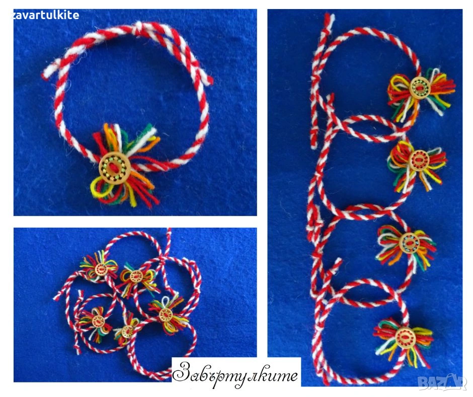 Вълнена мартеница дървено копче с цветни конци, снимка 1