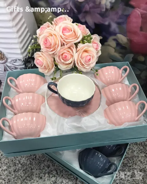 Красив порцеланов сервиз за капучино или чай в розово или графитено сиво, снимка 1