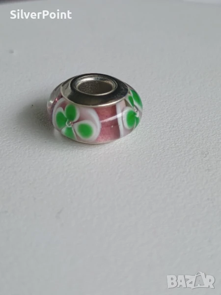 Сребърен талисман за Пандора ръчно правен от стъкло Мурано детелинка 🍀, снимка 1