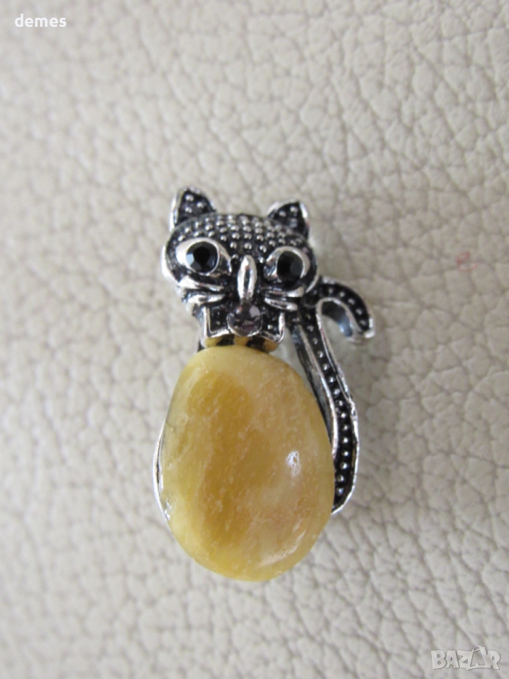 Брошка-коте от първокласен балтийски кехлибар, снимка 1