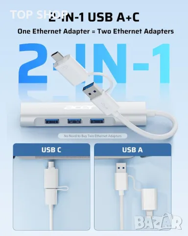 Acer USB C към Ethernet адаптер,USB-A/C хъб с 3 USB-A 3.1 и 1Gbps RJ45, снимка 7 - Кабели и адаптери - 49423089