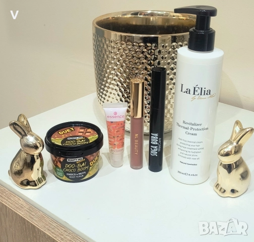 ЛОТ ОТ 5 ПРОДУКТА гланц NL beauty Essence спирала Suga Buba скраб за тяло термозащита La Elia 