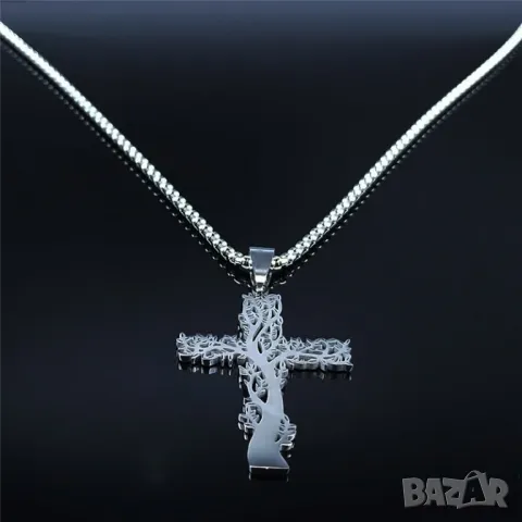 Дамско колие с висулка „Дървото на живота във форма на кръст“ – сребристо, от неръждаема стомана, снимка 2 - Колиета, медальони, синджири - 50292822