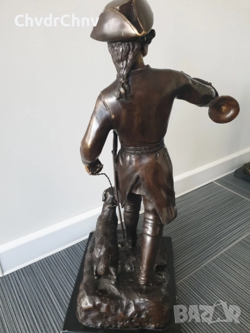 65см-12кг статуетка/стара английска бронзова скулптура/голяма фигура на ловец с куче, снимка 3 - Статуетки - 52755927