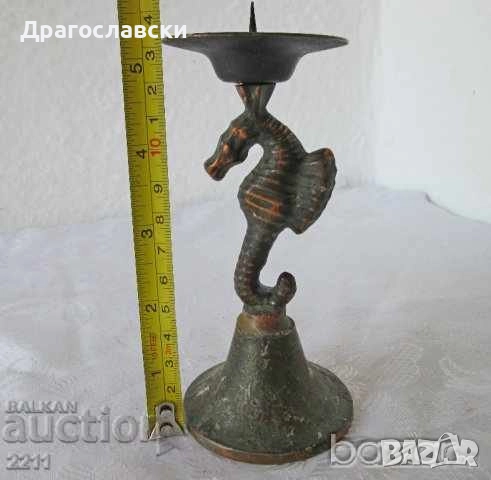 Свещници: Стар еврейски свещник Израел бронз патина, канделабра, морско конче елха, снимка 6 - Други ценни предмети - 28874045